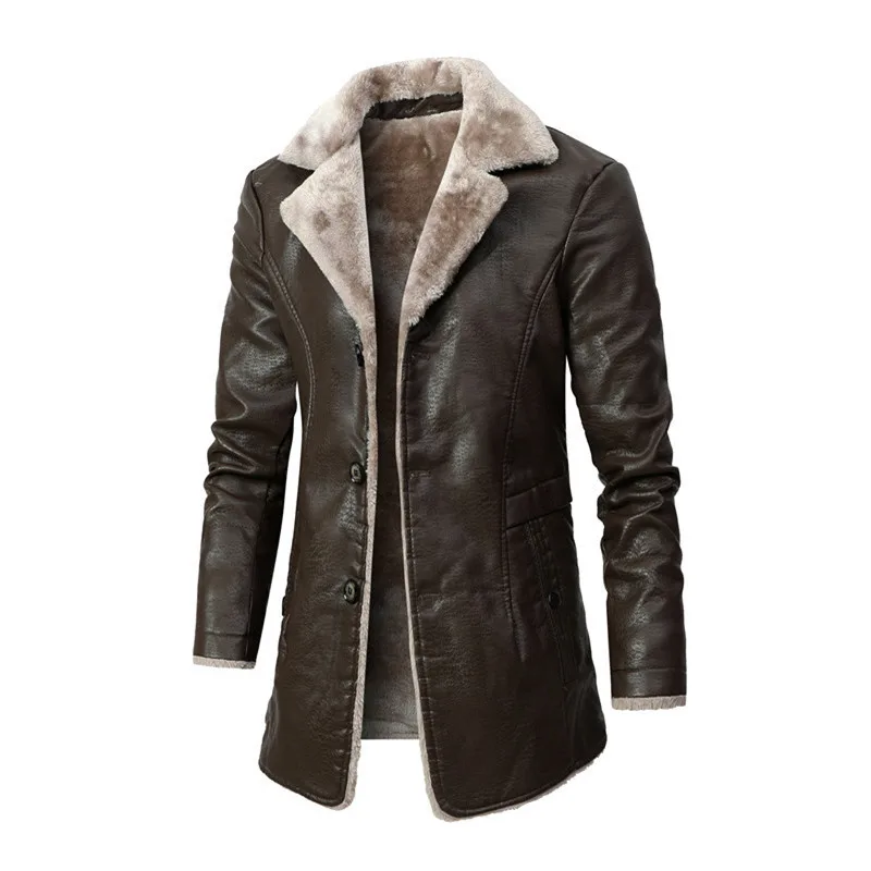 Men's Mid-length Leather Jacket Autumn and Winter Business European Size Fleece Large Lapel Suit Fur Plush Jacket