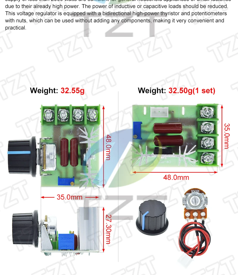 TZT AC 220V 2000W SCR Spannungsregler Dimmen Dimmer Motor Drehzahlregler Thermostat Elektronisches Spannungsreglermodul – Detail 2