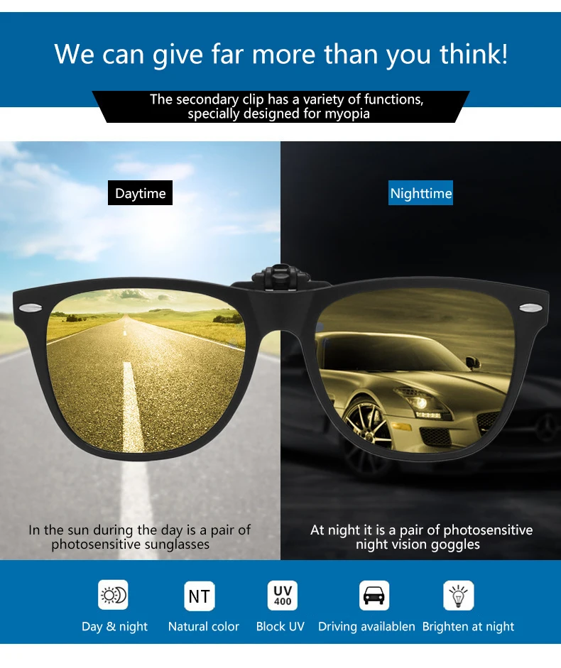 New TR90 Polarized Flip Up Clip on Sunglasses Men Women Photochromic Sunglasses Night Vision Anti Glare Driving Fishing_voghion.com