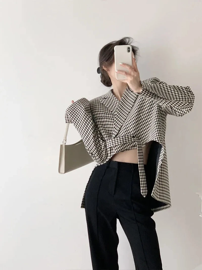 Houndstooth Plaid Blazer Women’s Black Irregular Suit Jacket Streetwear Korean Ribbon Cropped Womens Coat Office Lady Elegant Striped Jackets Outwear Plus size Blazers for Woman 