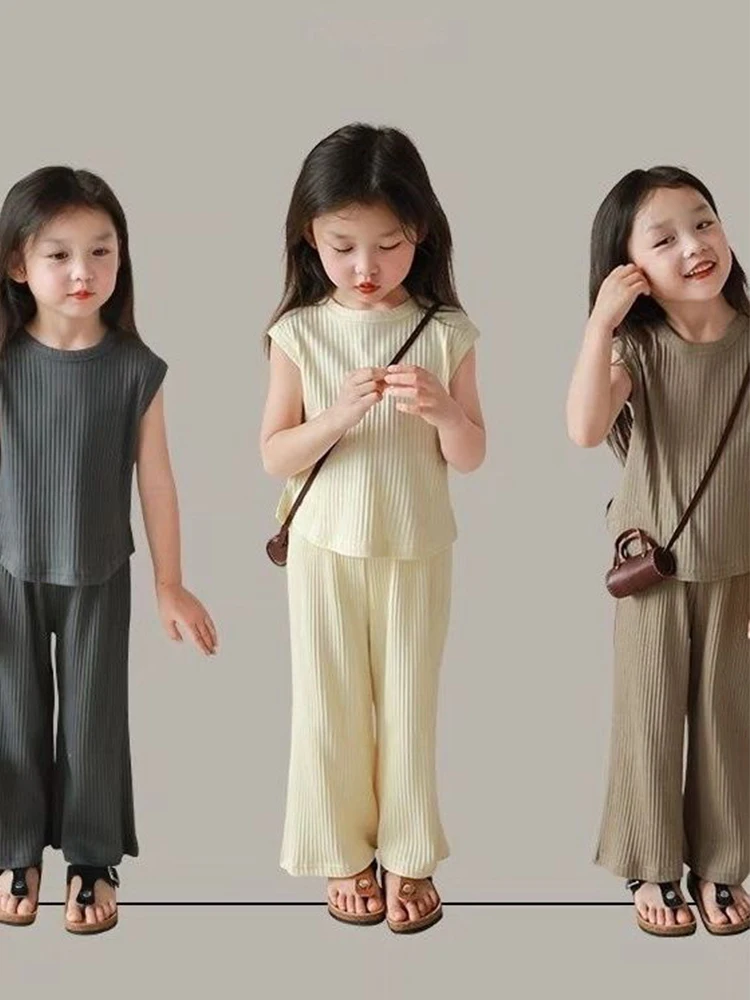 

Children's Set Summer New Girls' Short Sleeve Long Pants Ice Silk Two Piece Cotton Fashion Clothing Baby Clothing 2-8 Years Old