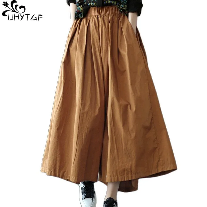

UHYTGF Cotton Nine Points Wide Leg Trouser Skirt Women Spring Autumn Retro Large Size Buttons Elastic Waist Ladies Pantskirt 313