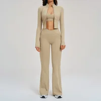 Ensemble de yoga 3 pièces pour femmes, vêtements de sport, ensemble de tenue de sport, vêtements de fitness féminins, leggings à taille haute à fermeture éclair, manches longues, combinaison de sport 2
