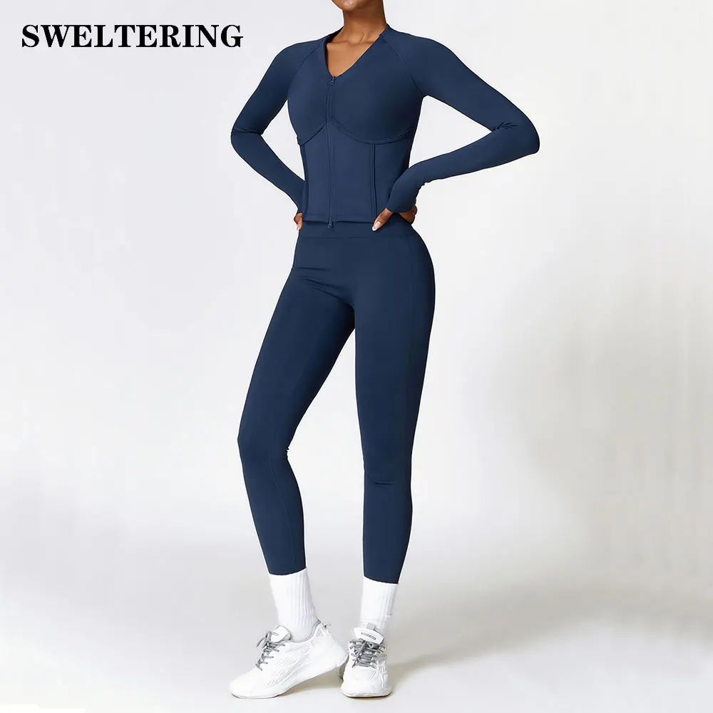 

Yoga Set 2 Pieces Seamless Women Sportswear Gym Workout Clothing Fitness Long Sleeve Crop Top High Waist Leggings Sports Suits