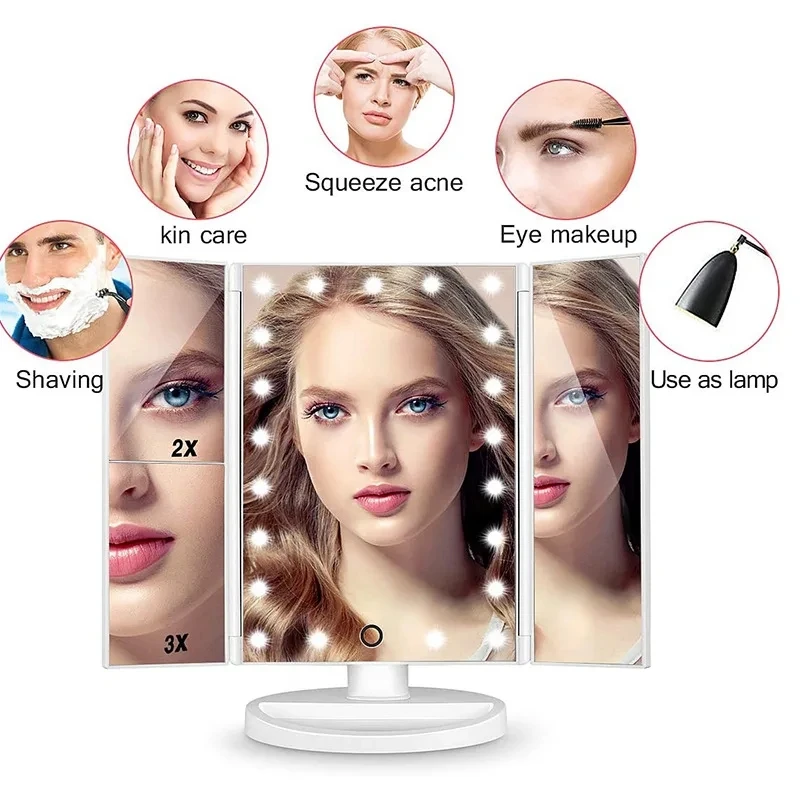 Makeup Mirror 22 LED 1/2/3X Magnifying Folding 180 Rotation Stepless Dimmer With Storage Tray