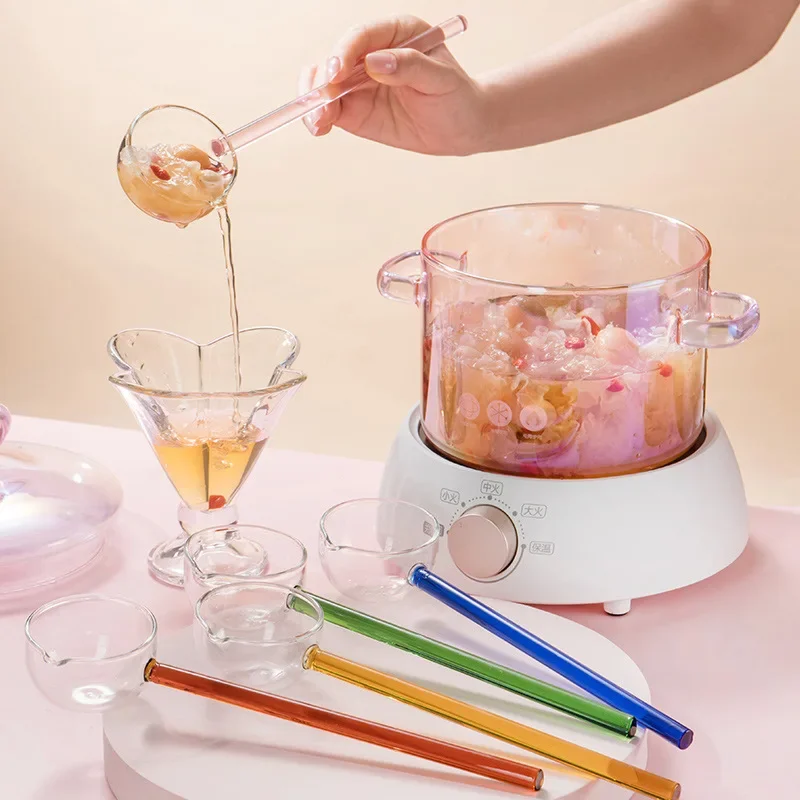 Transparent Glass Spoon Creative High Temperature Resistant Colorful Long Handle Soup Ladle Household Kitchen Spoons gold spoon set glass dessert spoon
