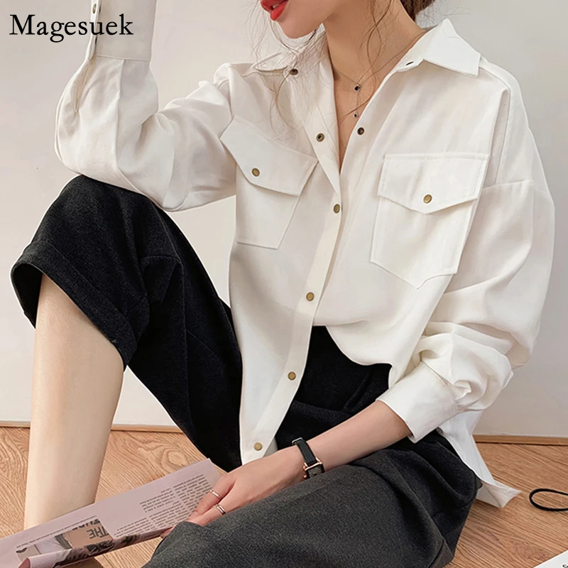 Blusa blanca algodón de manga larga para mujer, camisa informal a la para oficina, camisetas holgadas con ropa para mujer 12889| Blusas y camisas| AliExpress