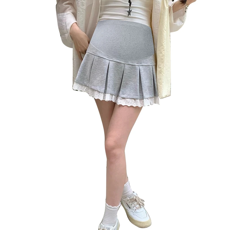 Good Quality Japanese Style Maternity Mini Skirts with Lining Shorts Lace Patchwork High Waist Pregnant Woman Pleated Skirt Cute