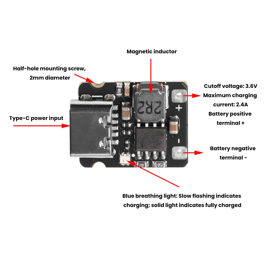 미니 1S 3.2V 3.6V 리튬인산철 배터리 충전 보드 2.4A 고속 충전 모듈 트리클 정전류 충전