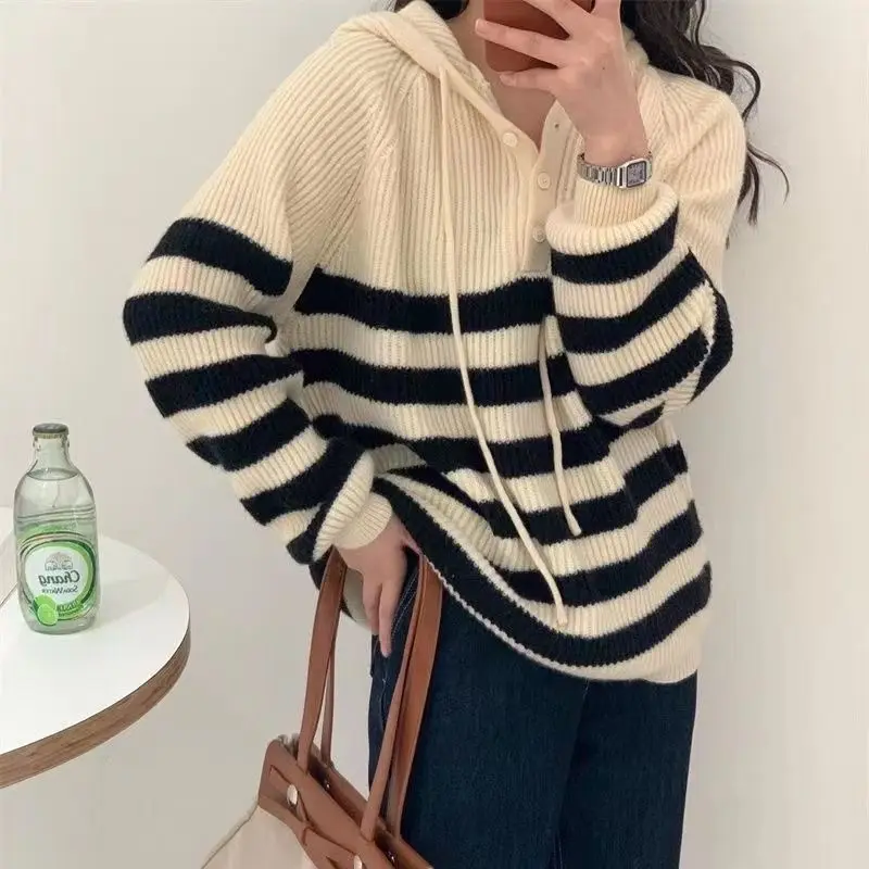 

Fashion Hooded Button Lace Up Striped Sweater Women's Clothing 2022 Autumn New Loose Casual Pullovers All-match Korean Tops
