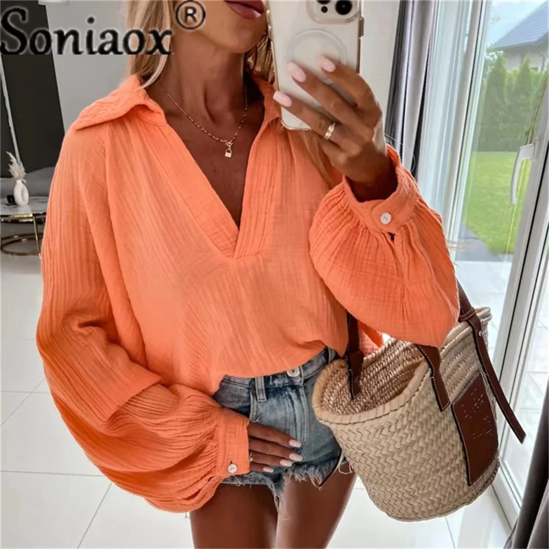 2022 Women Simple New V Neck Lantern Long Sleeve Shirts Top Autumn Winter Casual Loose Fashion Elegant Street Blouses Pullover