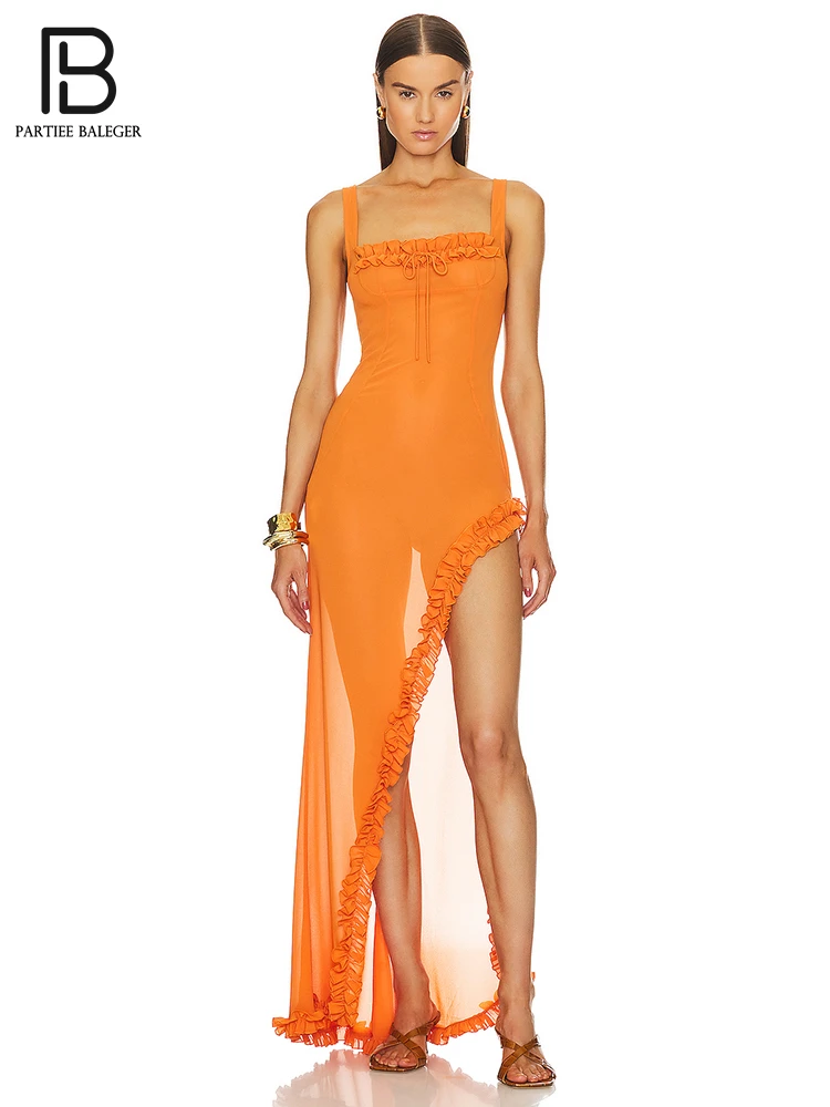 

PB Orange Dress For Women 2023 Slip Sleeveless Backless Ruffles Wedding Birthday Evening Party Autumn Sexy Vestido Free Shipping
