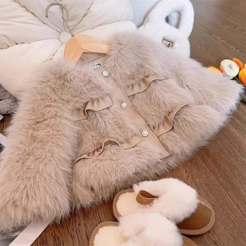 

2023 Winter Girls Fashion Faux Fur Thick Warm Coat Baby Kids Children Jacket Outerwear