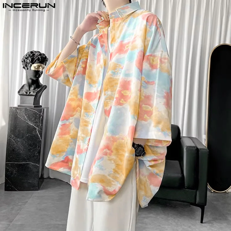 

Рубашка INCERUN мужская с отложным воротником и полурукавом, Свободная Повседневная модная блуза с принтом в виде краски, в Корейском стиле, модная уличная одежда, лето