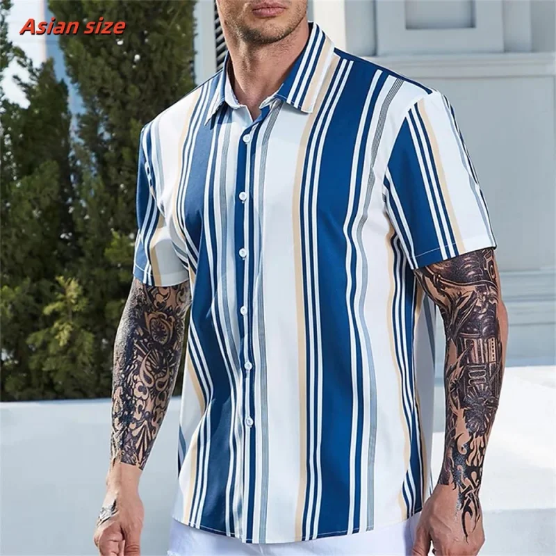Men Colorful Stripe Pattern Hawaiian Shirt Color Block 3D Print Blouse Short Sleeve Street Oversized Lapel Tops Aloha Shirts