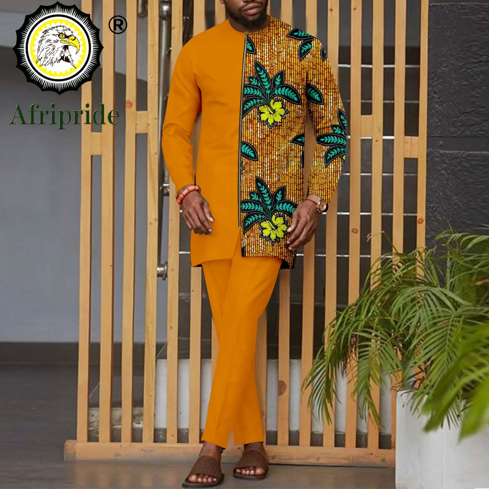 Bazin Riche African Traditional Clothing for Men Dashiki Print Zip Blazer with Trousers 2 Piece Set Dashiki Tracksuit A2216087