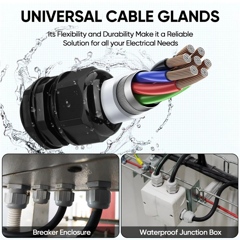 20 Pcs IP68 Waterproof Cable Gland Kit Nylon NPT Adjustable Cable Connector Assortment 1/4&rdquo; 3/8&rdquo; 1/2&rdquo; 3/4&rdquo; 1&ldquo; for Waterproof Box