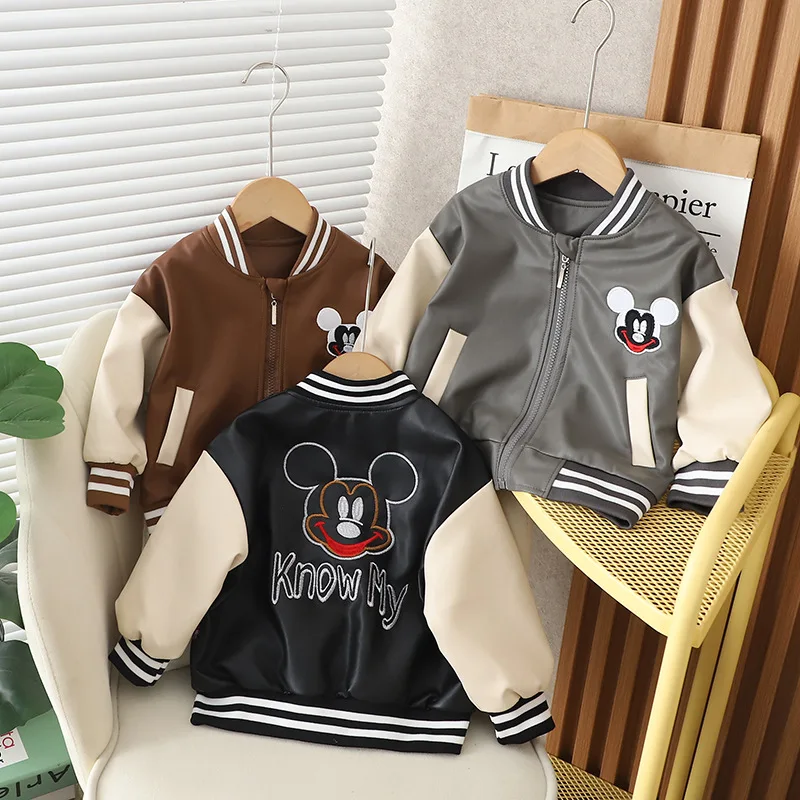 

2024 Spring Autumn New Children Mickey Mouse Leather Jacket Coat Baby Boy Girl Fashion Cartoon Baseball Uniform Zipper Outerwear