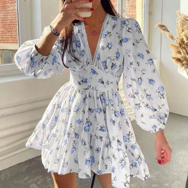 

2024 Women Floral Print Long Sleeve Summer Boho Beach Dress Print Elegant Suspenders V Neck Dress Vestidos