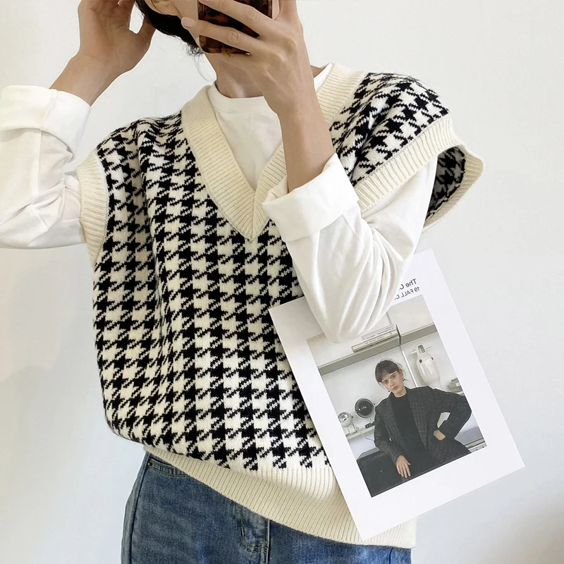 Eleganter Hahnentrittmuster-Pullover mit lockerem Strick, Herbst, V-Ausschnitt, ärmellos, dick, lässig, für Damen, schicke Tops_voghion.com