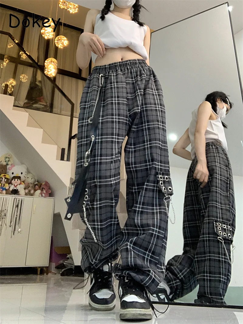 

Vintage Gothic Chain Plaid Pants Women Harajuku Streetwear Y2K Girly Check Harem Trousers Female Casual Loose Jogging Sweatpants
