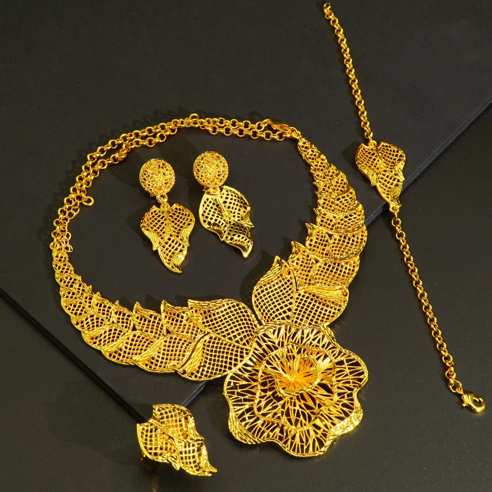 S97d120d02a9c47d6993485557a967915e Women's 24K Gold Flower Grass Hollow Jewelry Set (4pcs), AU999 Floral filigree design with "Lush" engraving and hidden vine motif Mallzona