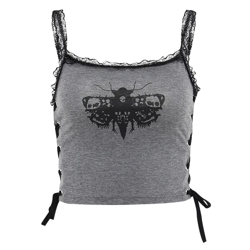 

Y2K Gothic Lace Bandage Crop Tops Women Vintage Aesthetic Moth Print Backless Cami Sexy Grey Tank Tops Harajuku Streetwear