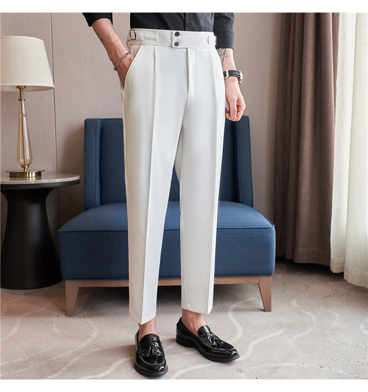 Men's High Waist Slim Belt Trousers Front View
