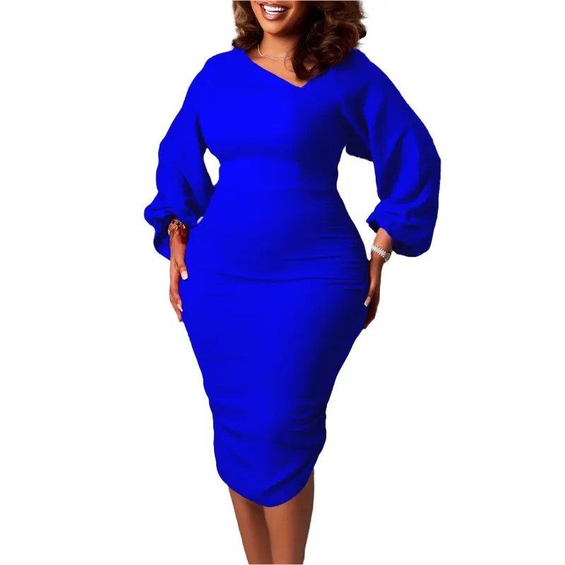 

Elegant Women Midi Bodycon Dress Diagonal Collar Long Lanten Sleeve Office Work Daily African Female Large Size Robes New