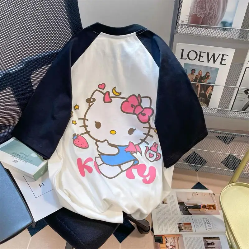 

Cartoon Cute Kawaii Sanrioed Hellokitty New Summer 100% Color Contrast Short Sleeve Raglan Sleeve Shirt