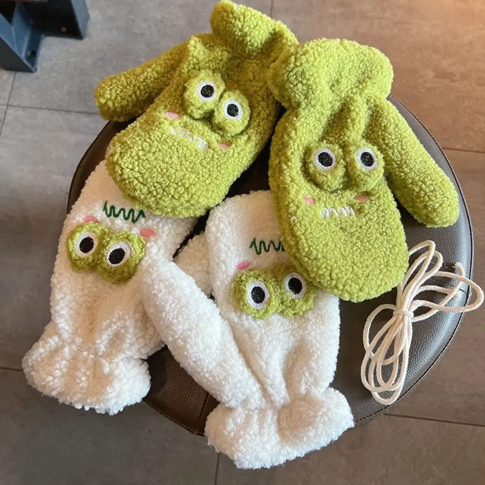

Lamb Fleece Frog Plush Gloves Soft Big Frog Eye Thicken Cartoon Plush Gloves Windproof Neck Hanger Fingerless Mittens Girl
