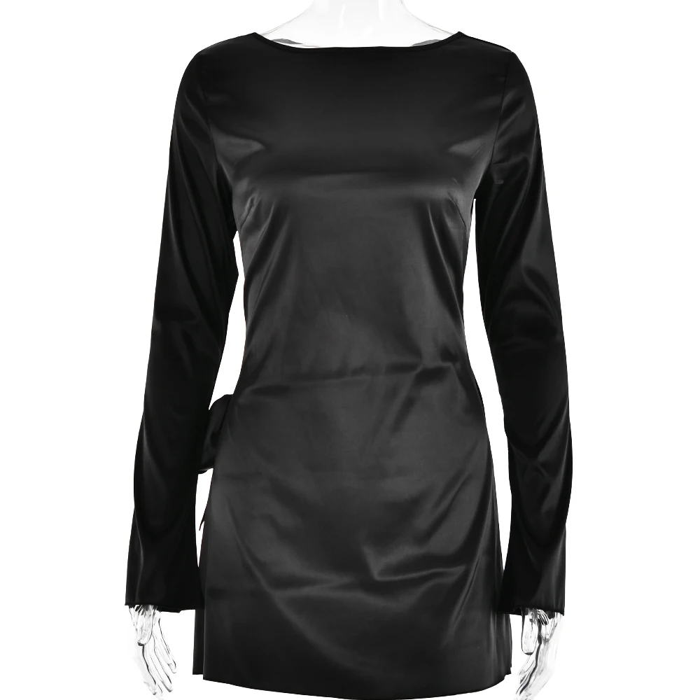 JULISSAMO 2025 New Backless Bandage Irregular Satin Sexy Mini Dress For Women Party Clubwear Long Sleeve Solid Dresses
