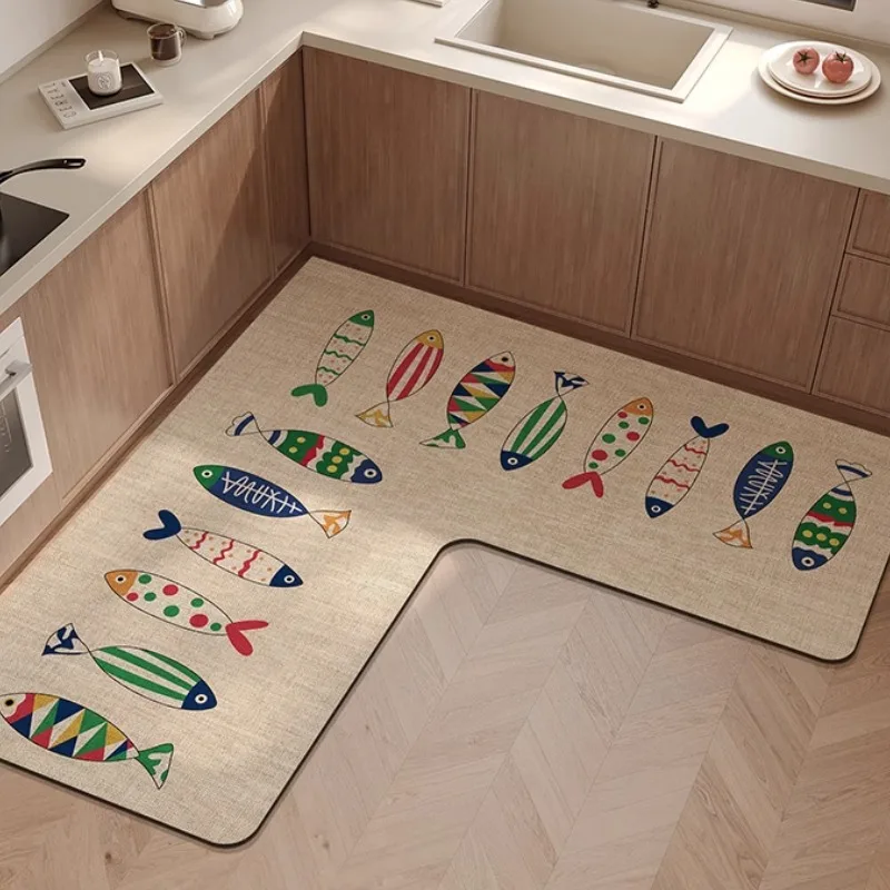 L-shaped Corner Kitchen Carpet Cartoon Minimalist PVC Floor Mat Fish Pattern Waterproof Oil-proof Rug Non-slip Easy-care Mats IG 3