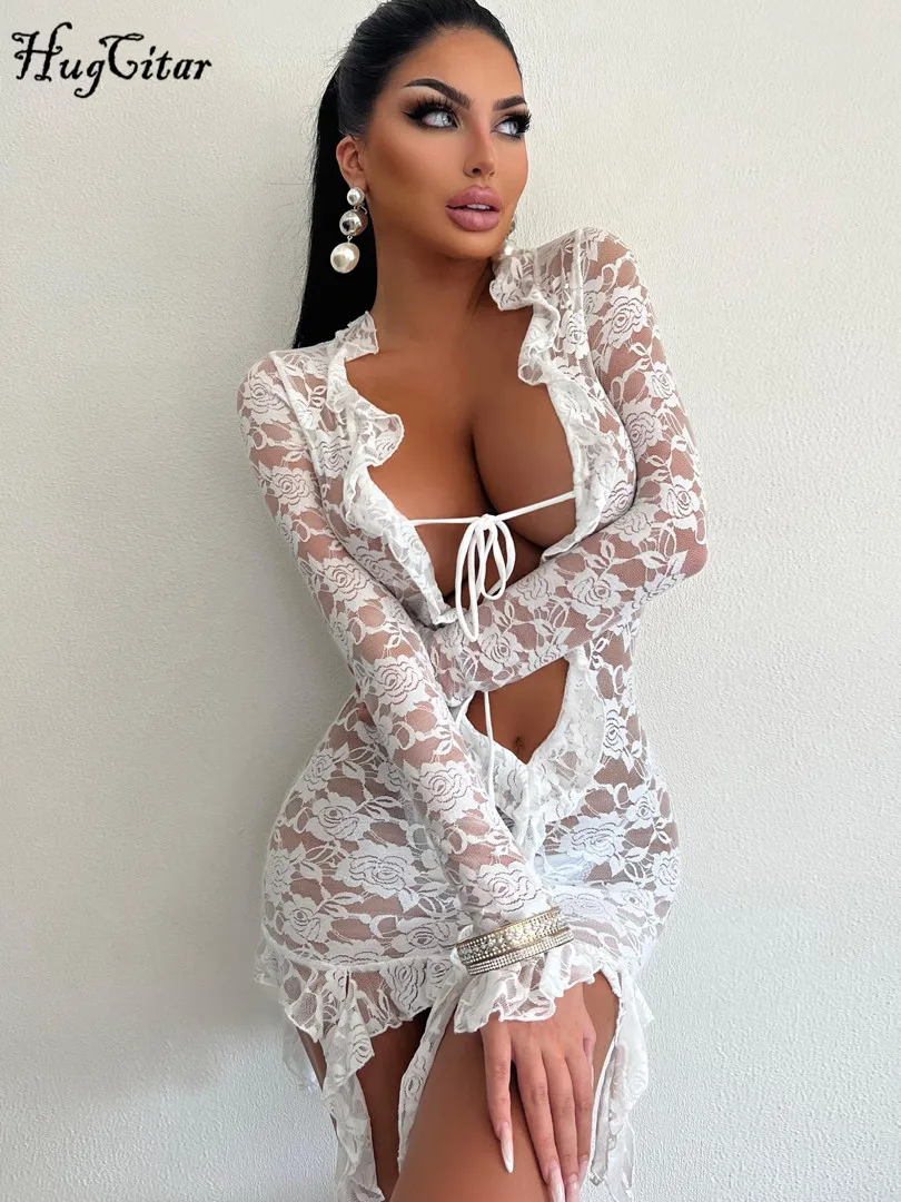 Hugcitar Mesh Blumen druck tiefen V-Ausschnitt Langarm Rüschen sehen durch Schnürung Mini kleid Herbst Mode Outfit Strand urlaub y2k
