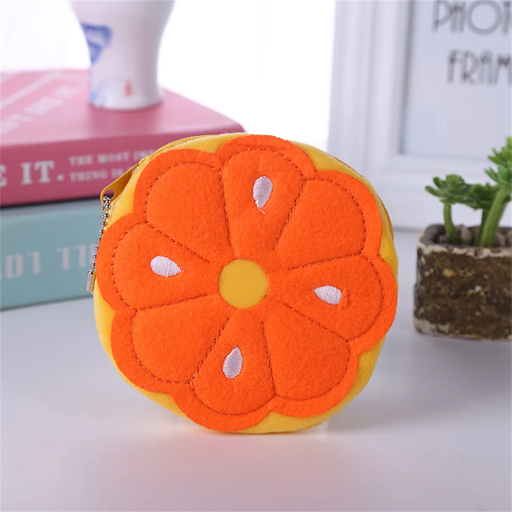 Soft Plush Women Coin Purse Watermelon Orange Fruit Mini Cute Oval Zipper Children Girl Coin Wallet Usb Cable Headset Bag