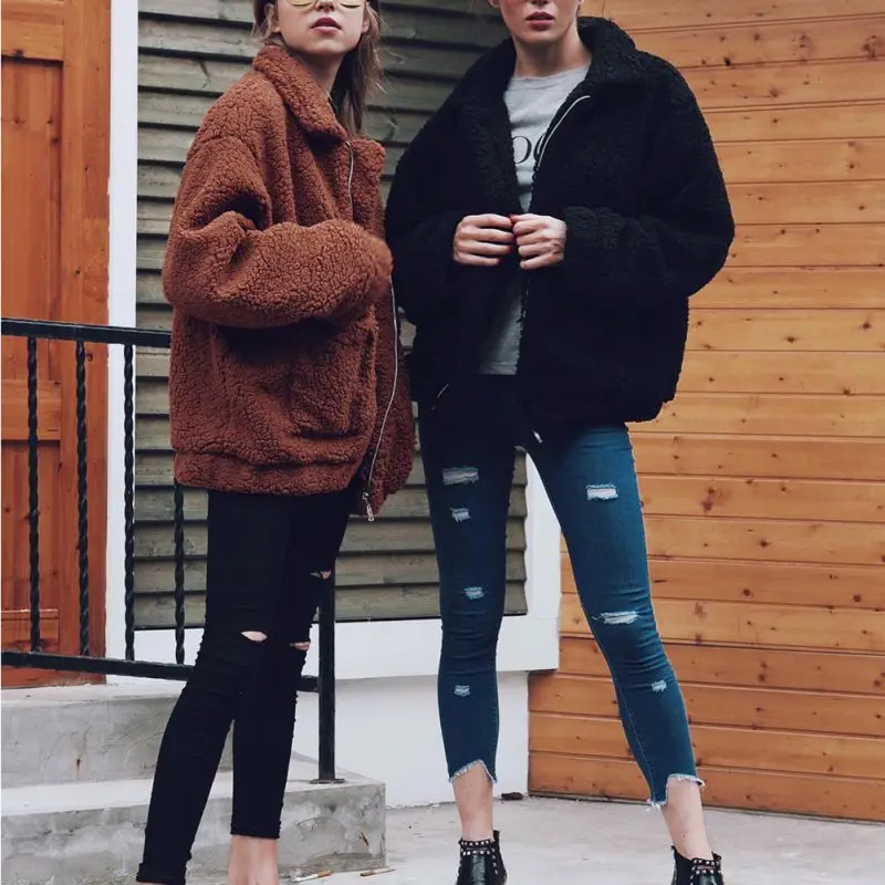 New Autumn and Winter Thick Bear Teddy Coat Warm Soft Faux Fur Coat Women Elegant Fleece Jacket Pocket Zipper Outerwear Overcoat