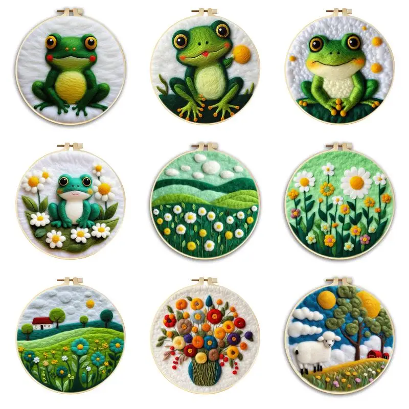 Frog Sheep Needle Felt Starter Kits for Adults Diy Wool Felting Painting Beginners Kit Embroidery Frame Wool Needlework Crafts