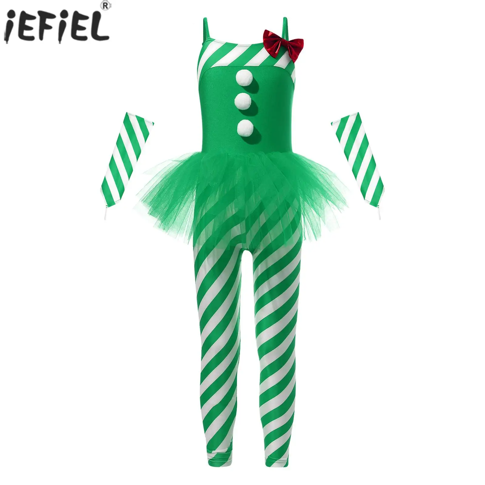 

Kids Girls Christmas Dance Candy Cane Jumpsuit Xmas Santa Claus Cosplay Costume Sleeveless Stripes Tulle Ballet Leotard Bodysuit