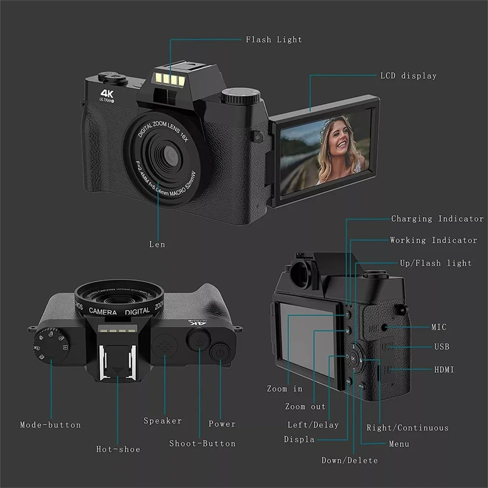 전문 와이파이 디지털 카메라, 4K 캠코더, 3.0 180 ° 플립 스크린, 내장 배터리, 초보자 여행용 셀카 디지털 웹캠