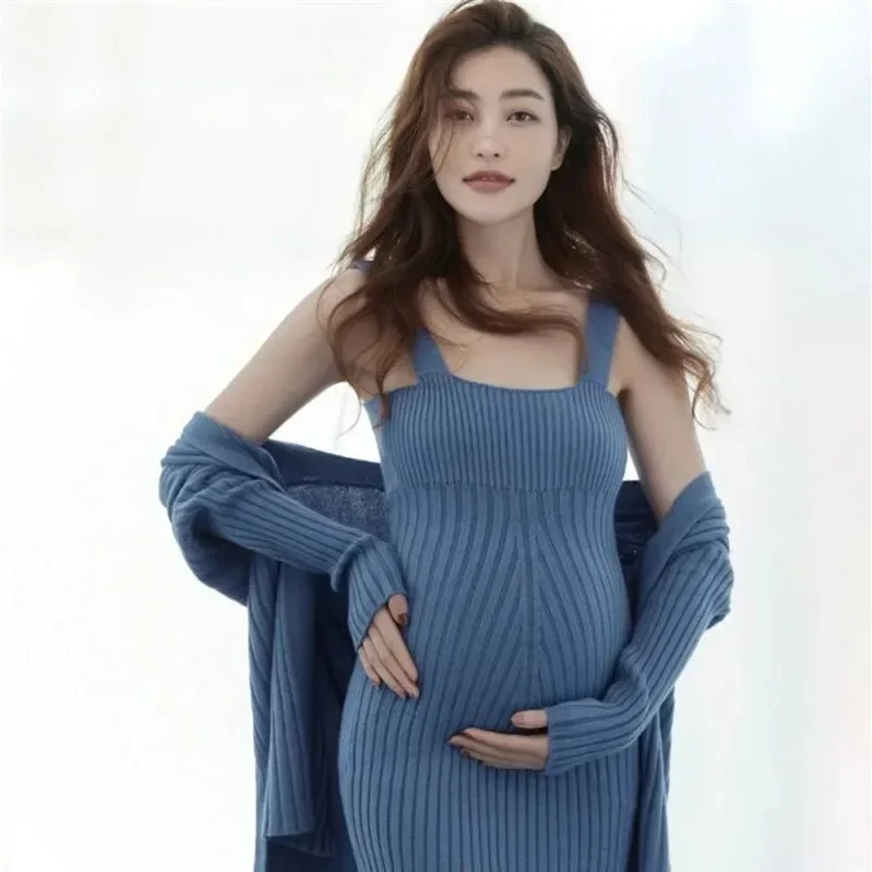 

2pcs Maternity Photography Dresses Suspender Dress+shawl Set Elegant Sweater Dresses For Pregnant Women Pregnancy Photo Shoot