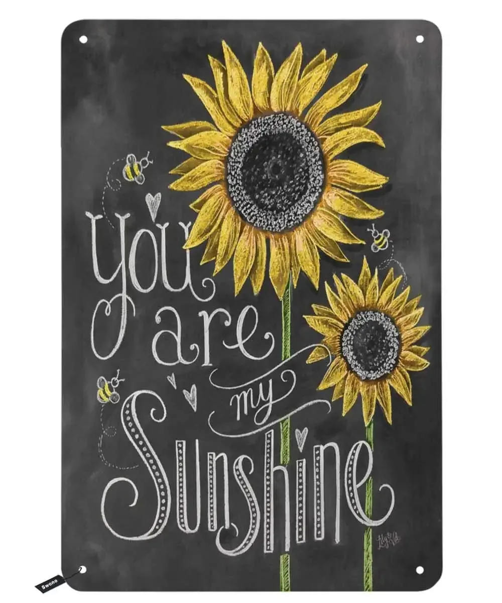 

You are My Sunshine Sunflower Tin Signs,Two Sunflower with Letter on Dark-Gray Background Vintage Metal Tin Sign for Men Women