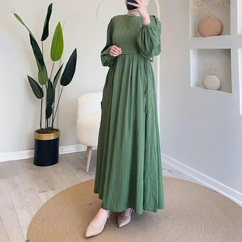 2025 Women's Autumn Muslim round Neck Lantern Sleeve Robe Elegant and Comfortable Dress W001