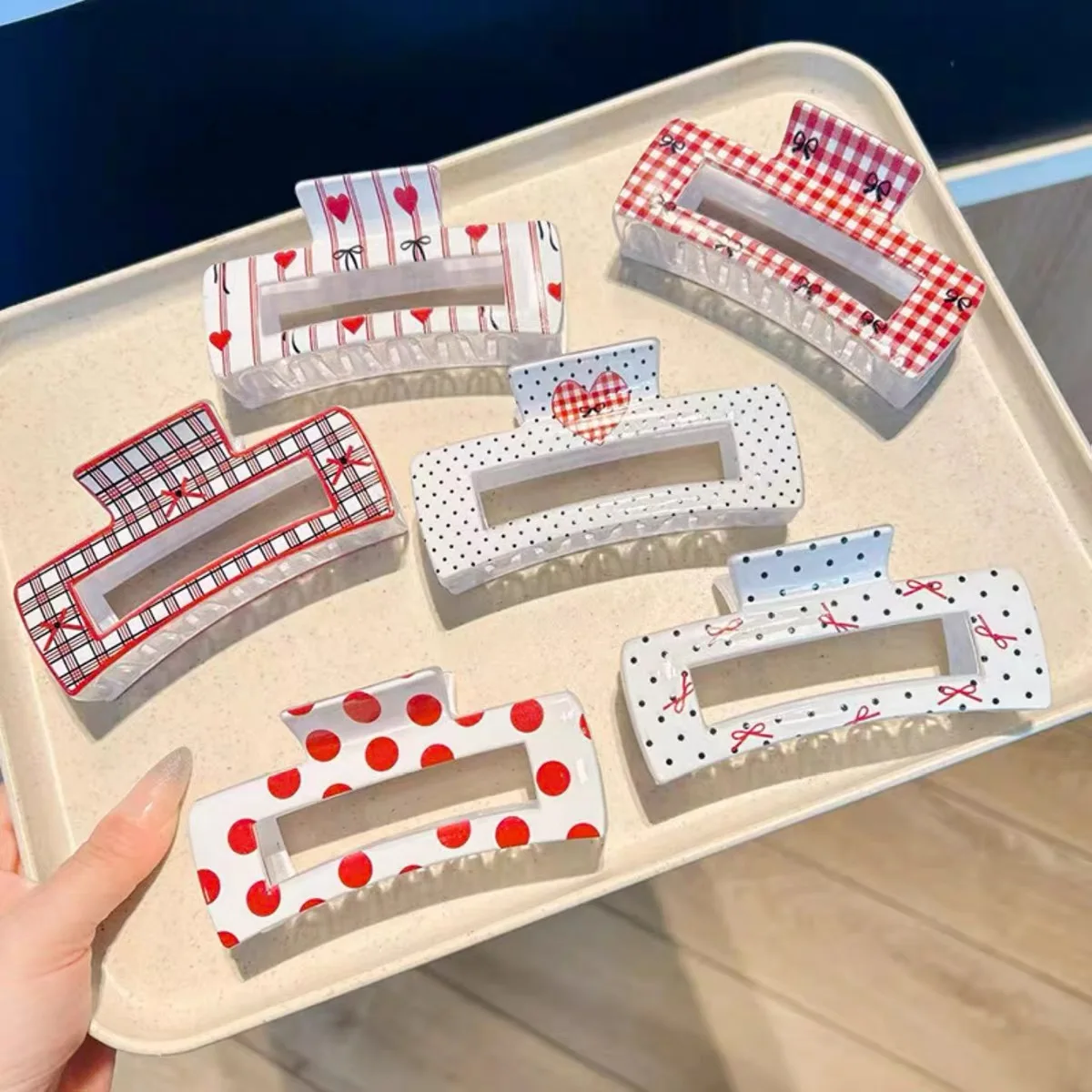 1pc Fashion Rectangle Hair Claw Clip Bow Heart Polka Dot Pattern Hair Clips For Thick Hair Women Elegant Headdress Barrettes