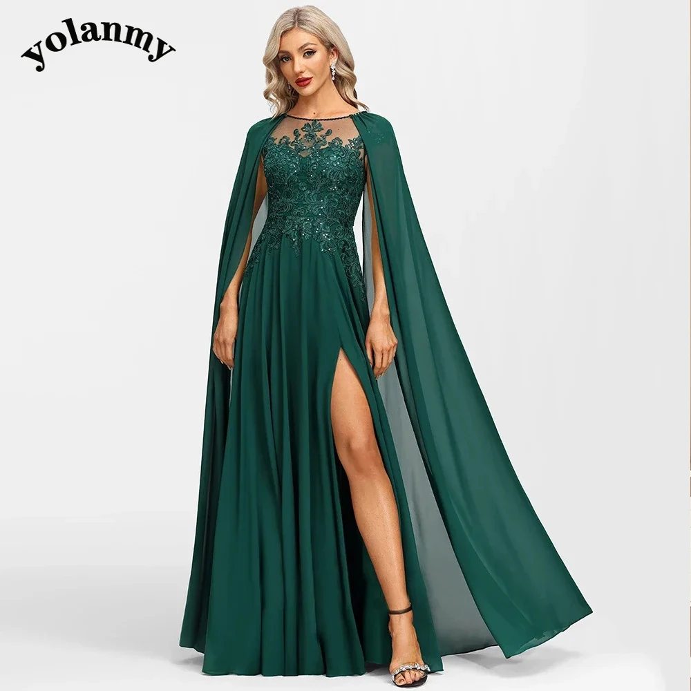 YOLANMY Fashionable Cape Mother of The Bride Dress Slit Floor Length Chiffon A-Line Crew Length Robes Invit&eacute;e Mariage Customized mother bride dresses women party dresses