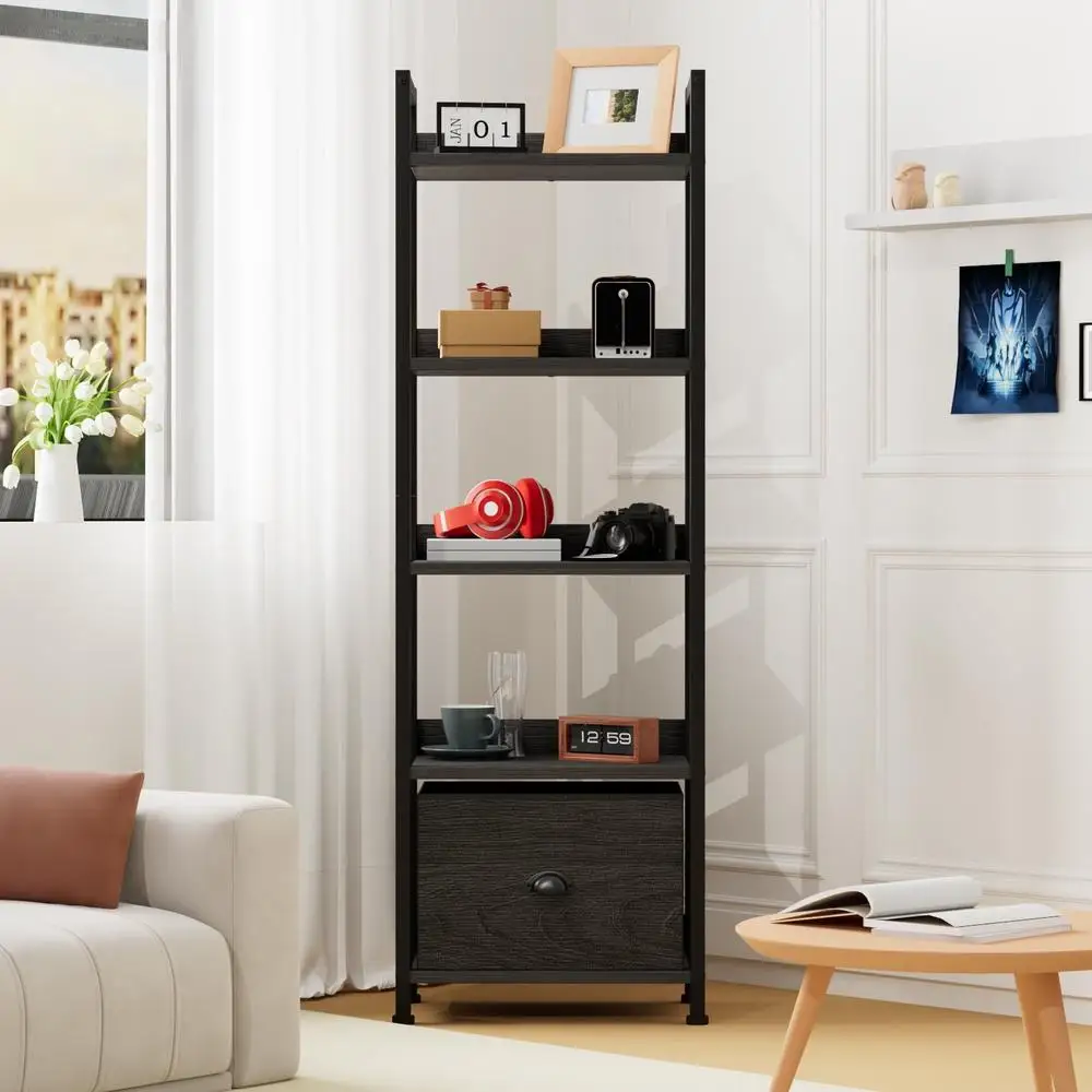 5 Tier Ladder Bookcase with Adjustable Shelves and Removable Fabric Drawer Living Room Bedroom Office Storage Organizer 6