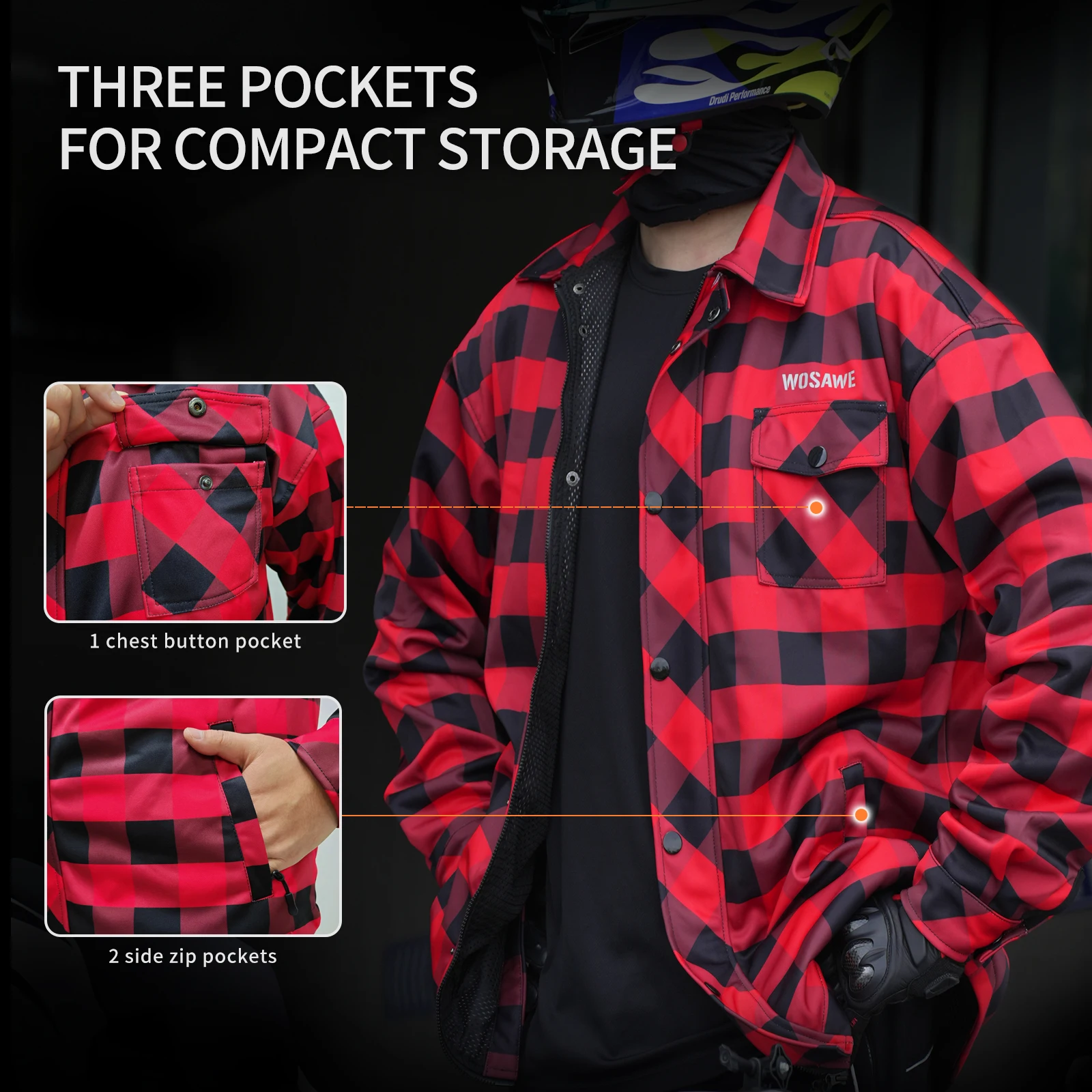 WOSAWE 오토바이 라이딩 재킷 겨울용 따뜻한 오토바이 체크 셔츠 캐주얼 레트로 라이딩 셔츠 CE 보호 장비 포함