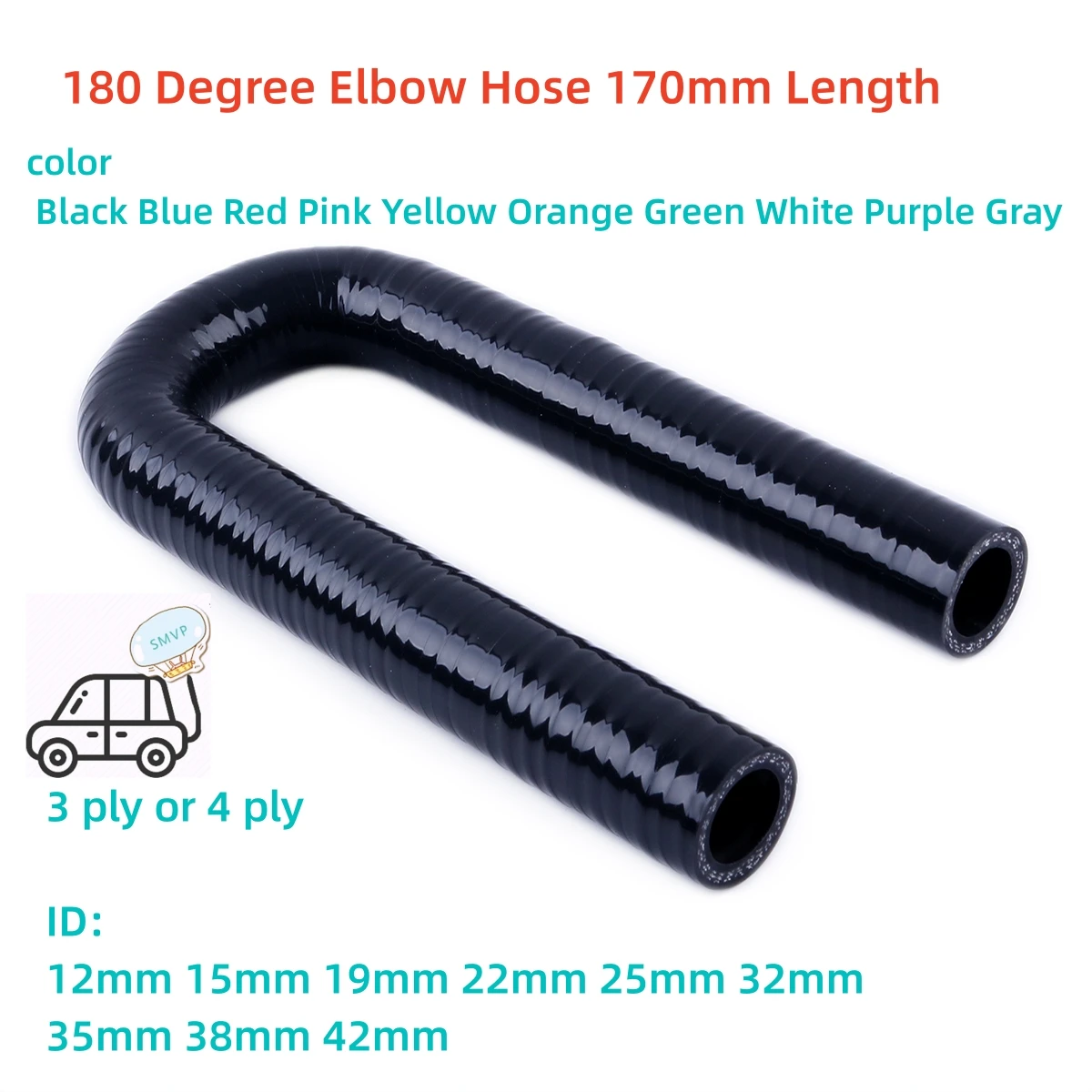 

Black 3-ply 4-ply 180 Degree Elbow Silicone Coolant Intercooler Pipe Tube Hose ID 12mm 15mm 19mm 22mm 25mm 32mm 35mm 38mm 42mm