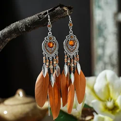 Elegant Boho Feather and Leaf Tassel Earrings with Rhinestone Accents (Brown)