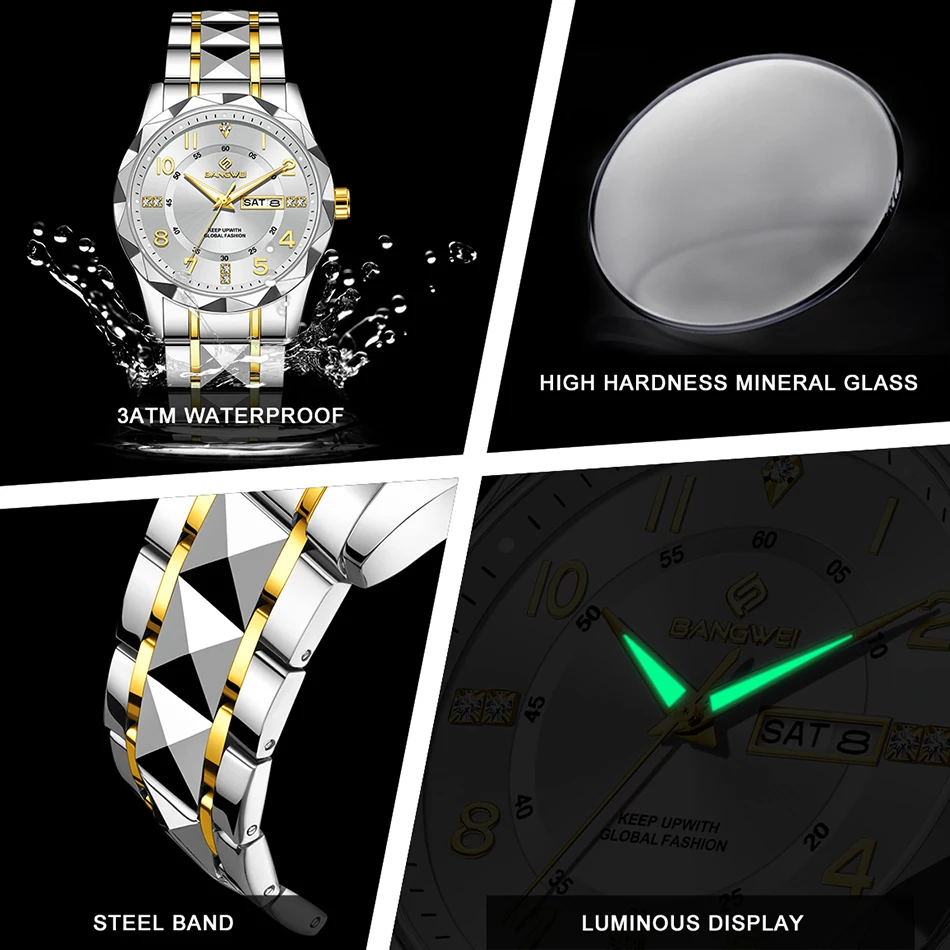 New Original BANGWEI Diamond Watch For Women Simple Round Stainless Steel Waterproof Ladies Watches Luminous Quartz Chronograph