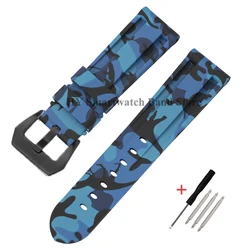 Camouflage Silicone Waterproof Sport Watch Strap - Durable Rubber Band - 24mm (CamoBlue -Black)